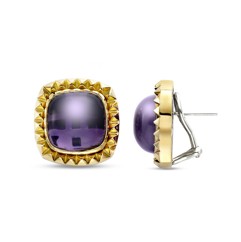 square 18k button earrings with purple amethyst cabochon