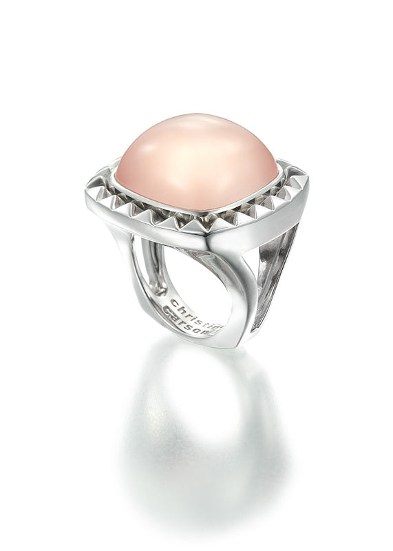 Sterling silver ring with pink calcedony cabochon